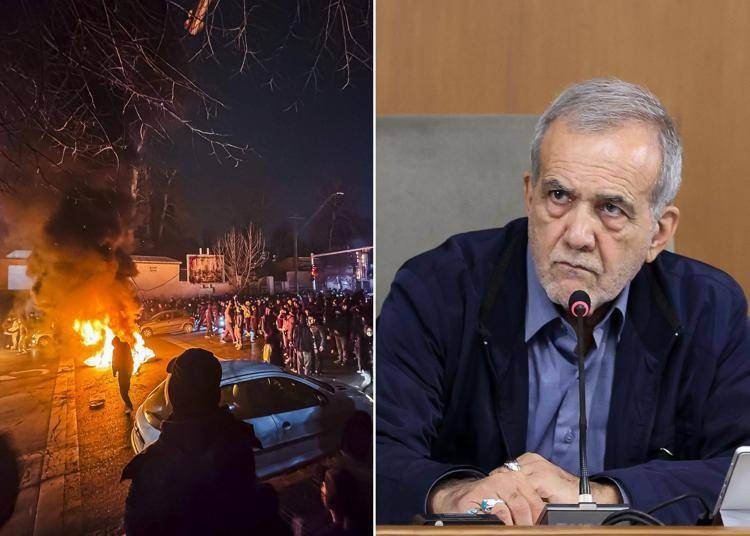 Proteste in Iran a sinistra, il presidente Masoud Pezeshkian a destra (Fotogramma/Ipa)