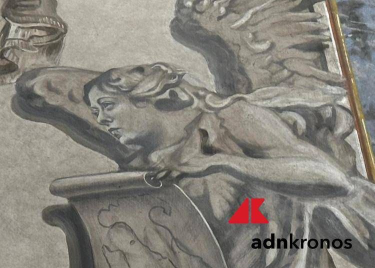 Il volto somigliante a quello della premier Meloni dopo il restauro dell'affresco nella basilica di San Lorenzo in Lucina a Roma - Adnkronos