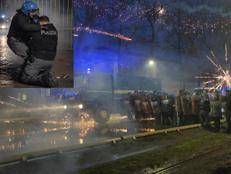 In alto a sinistra i due agenti aggrediti (foto Questura di Pescara),  a destra gli scontri di ieri a Torino (Ipa)