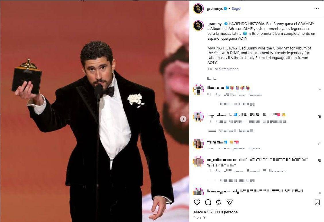 Grammy 2026, il trionfo di Bad Bunny. 'Wildflower' di Billie Eilish canzone dell'anno