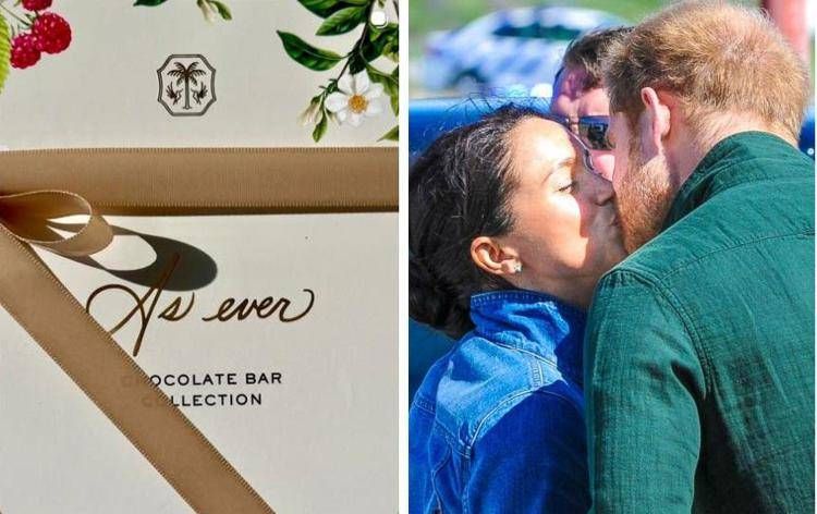 A sinistra la confezione di cioccolato e a destra Meghan e  Harry