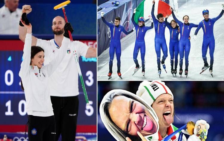 Le squadre italiane della staffetta mista short track e del curling e un primo piano di Arianna Fontana - Afp/Ipa