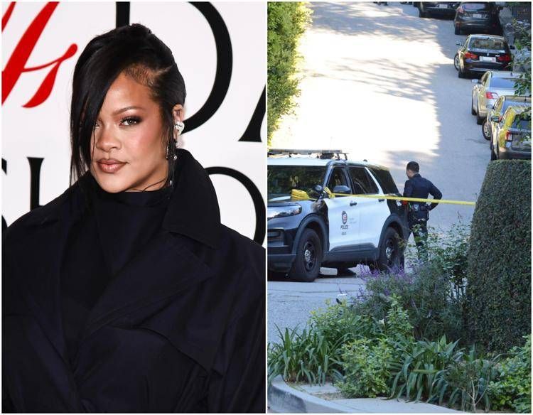 Rihanna e polizia che delimita l'area della sua casa - (Ipa)