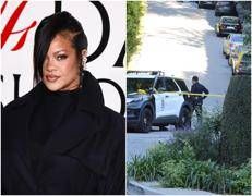 Rihanna e polizia che delimita l'area della sua casa - (Ipa)