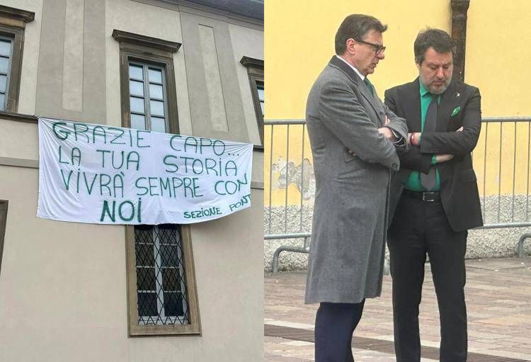 Lo striscione al lato della chiesa, Giancarlo Giorgetti e Matteo Salvini (Foto Adnkronos)