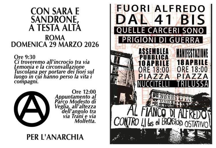 Anarchici morti a Roma, massima attenzione per il raduno di domenica. Il 18 aprile corteo per Cospito