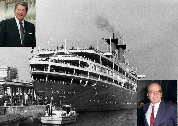 Sullo sfondo l'Achille Lauro e nei riquadri Ronald Reagan e Bettino Craxi - (Ipa)
