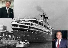 Sullo sfondo l'Achille Lauro e nei riquadri Ronald Reagan e Bettino Craxi - (Ipa)