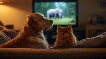 Cane e gatto davanti alla tv - Immagine generata con intelligenza artificiale/Canva