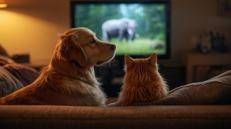 Cane e gatto davanti alla tv - Immagine generata con intelligenza artificiale/Canva