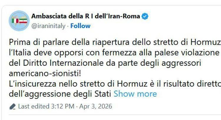 Il post dell'ambasciata iraniana