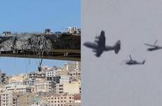 A sinistra l'attacco a Karaj, a destra aereo Usa seguito da due elicotteri (Afp)