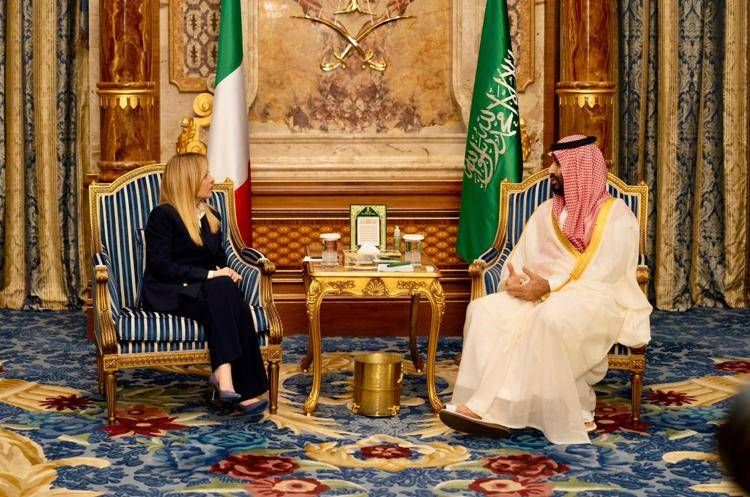 Giorgia Meloni durante l'incontro con Mohammed bin Salman - Palazzo Chigi