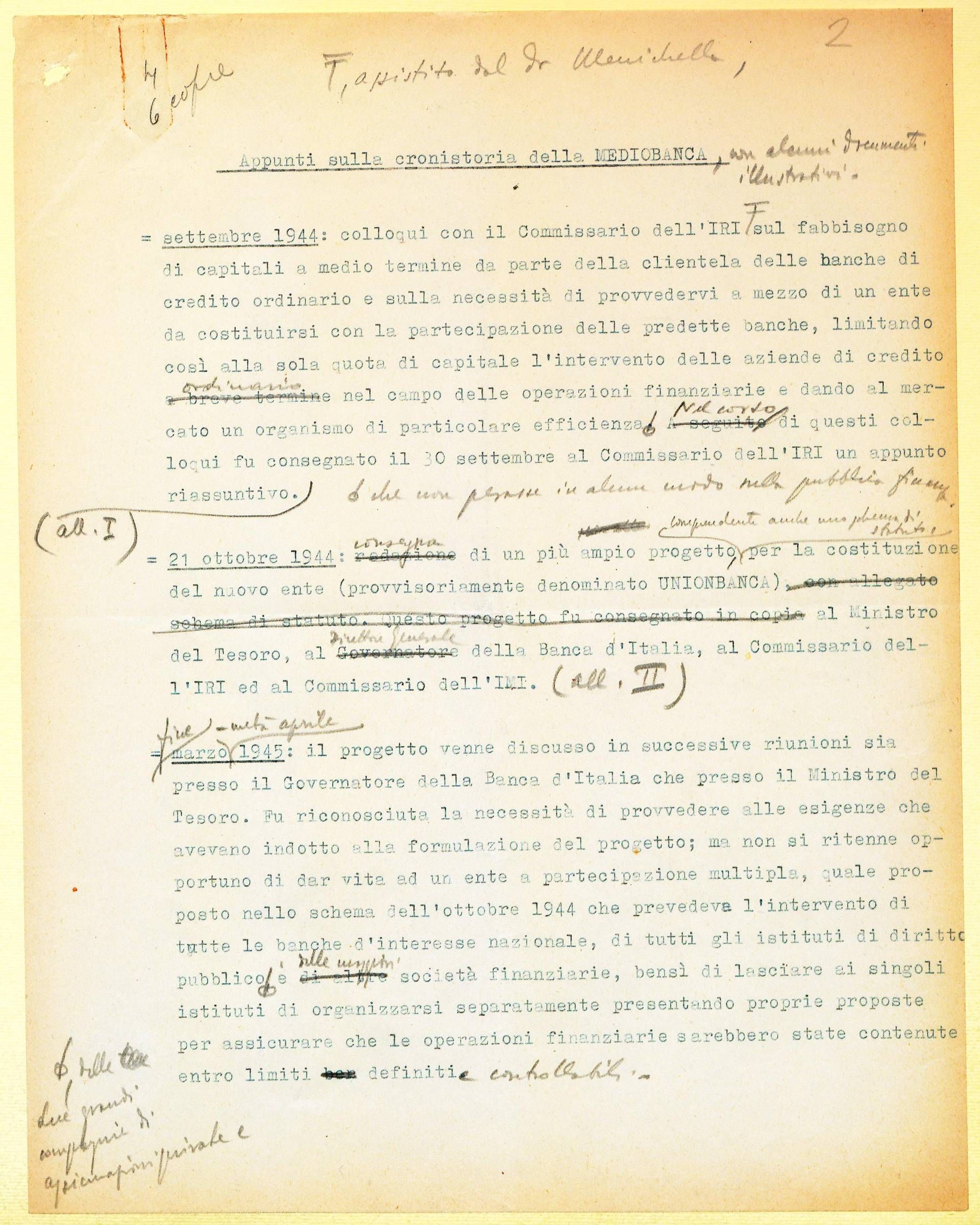 Appunti sulla cronistoria di Mediobanca, con modifiche di Raffaele Mattioli (Fonte: Archivio Storico Mediobanca)