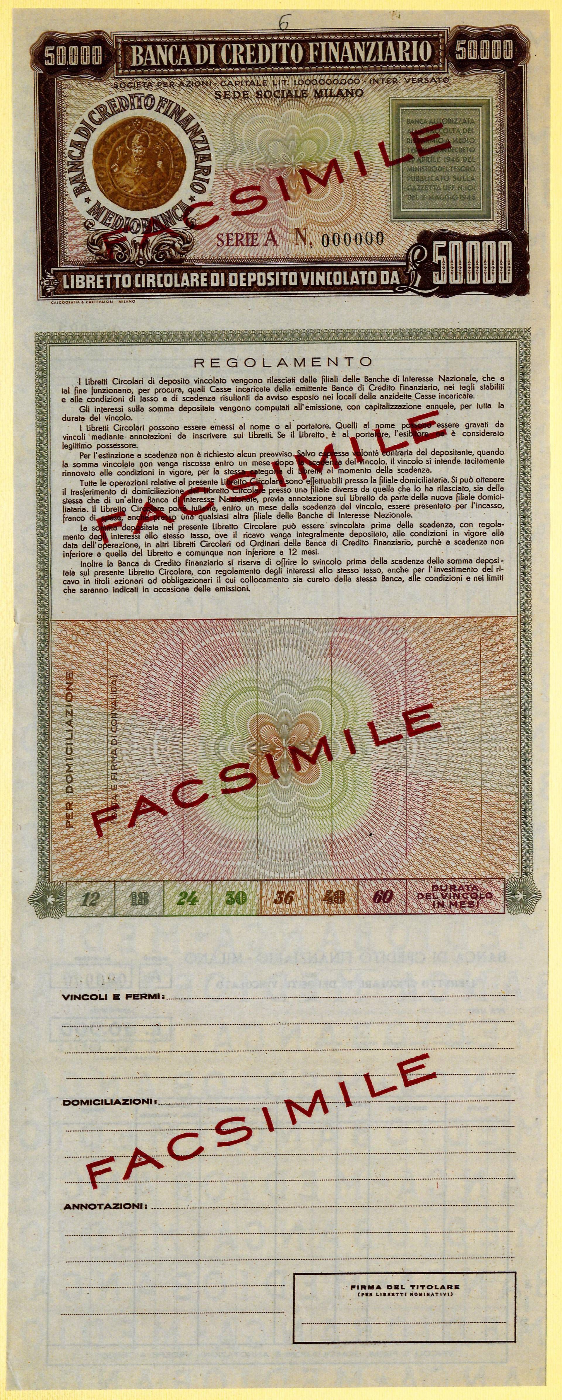 Facsimile del libretto di deposito vincolato - (Fonte: Archivio Storico Mediobanca)