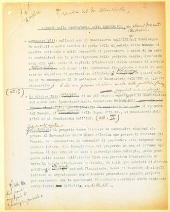 Appunti sulla cronistoria di Mediobanca, con modifiche di Raffaele Mattioli - Fonte: Archivio Storico Mediobanca
