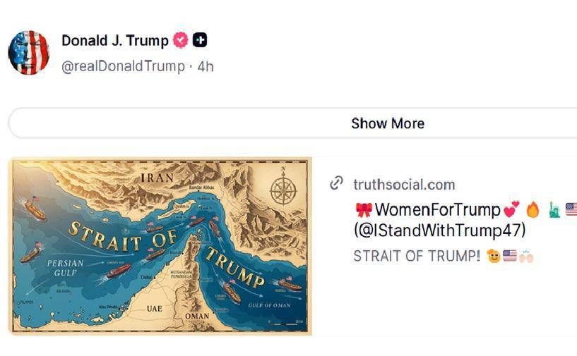 Stretto di Hormuz diventa 'Stretto di Trump': la nuova mappa condivisa su Truth