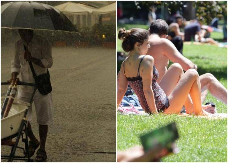 Uomo sotto la pioggia e persone al sole - (Fotogramma)