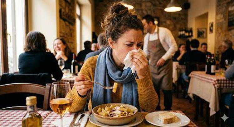 Donna mangia e si soffia il naso - (Gemini)