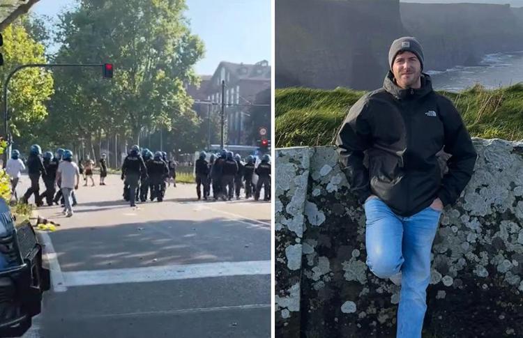 Un momento degli contri a Torino e a destra Marco Basoccu, il giovane rimasto ferito - (Fermo immagine e foto dai social)