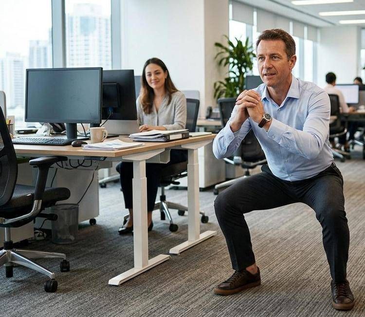 Una persona fa squat in ufficio - (Immagine generata con AI)