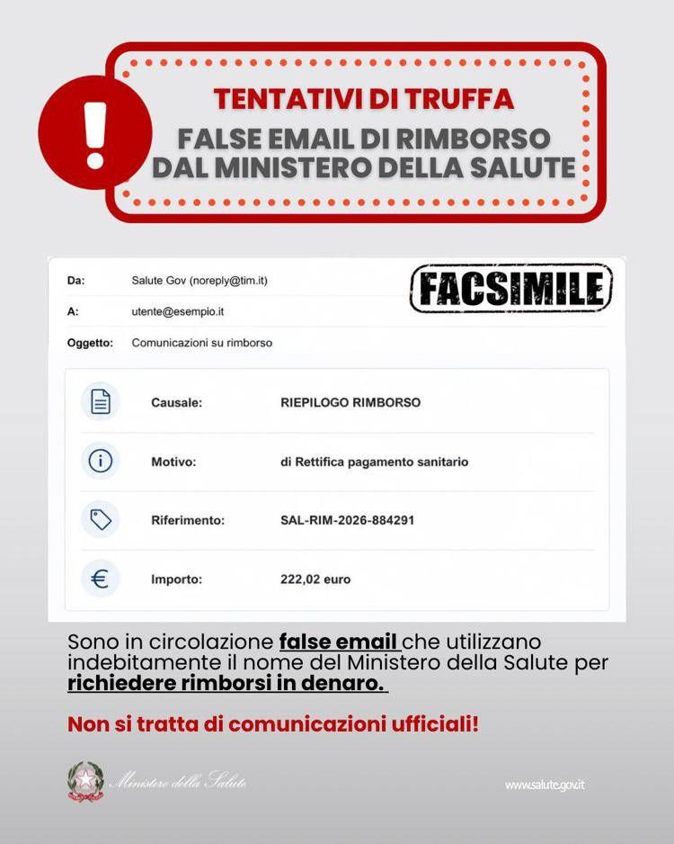 Alert ministero Salute su email truffa per presunti rimborsi per prestazioni: 