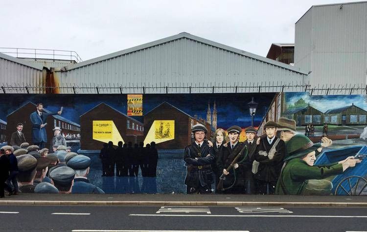 Murals commemorate Irish historical events and cultural touchstones on the 