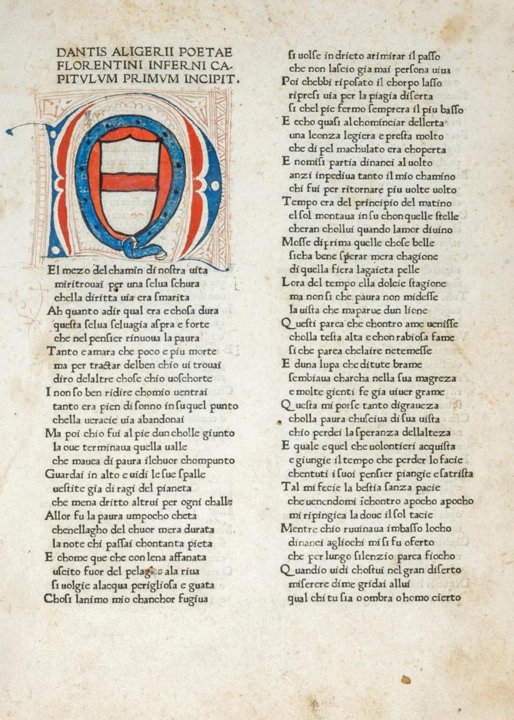 Dante Alighieri, La Commedia. Mantova, Georgius de Augusta and Paulus de Butzbach, per Columbinus Veronensis, 1472 - Ufficio stampa Finarte)