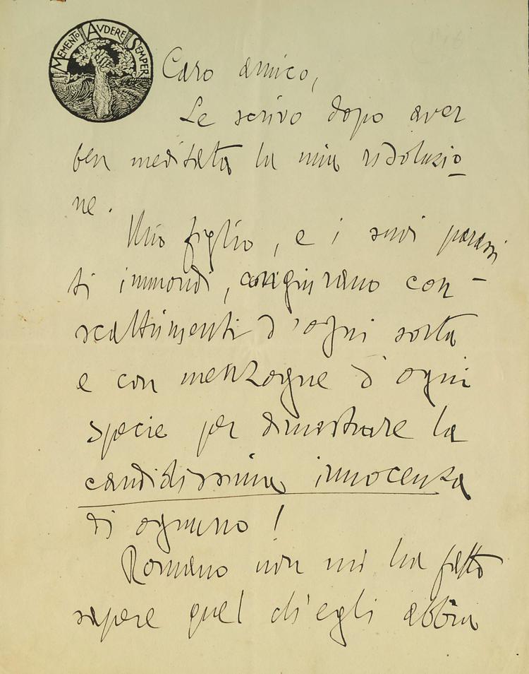 (Una lettera di Gabriele d'Annunzio a Rizzo - Ufficio stampa Finarte)