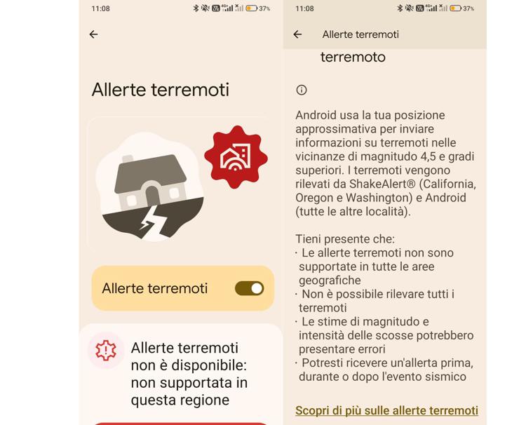 Le schermate di Android sul servizio di Alert terremoti in Italia - (Google)