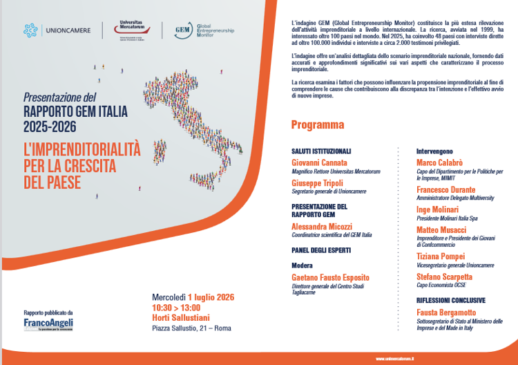 Locandina presentazione Rapporto Gem Italia 2025-26 - Ufficio stampa