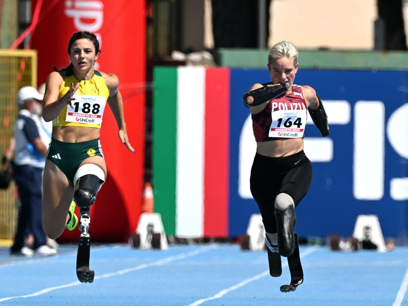 Il debutto di Bebe Vio nei 100 metri piani ai campionati italiani Assoluti di atletica Paralimpica, in corso allo stadio Carlo Zecchini di Grosseto