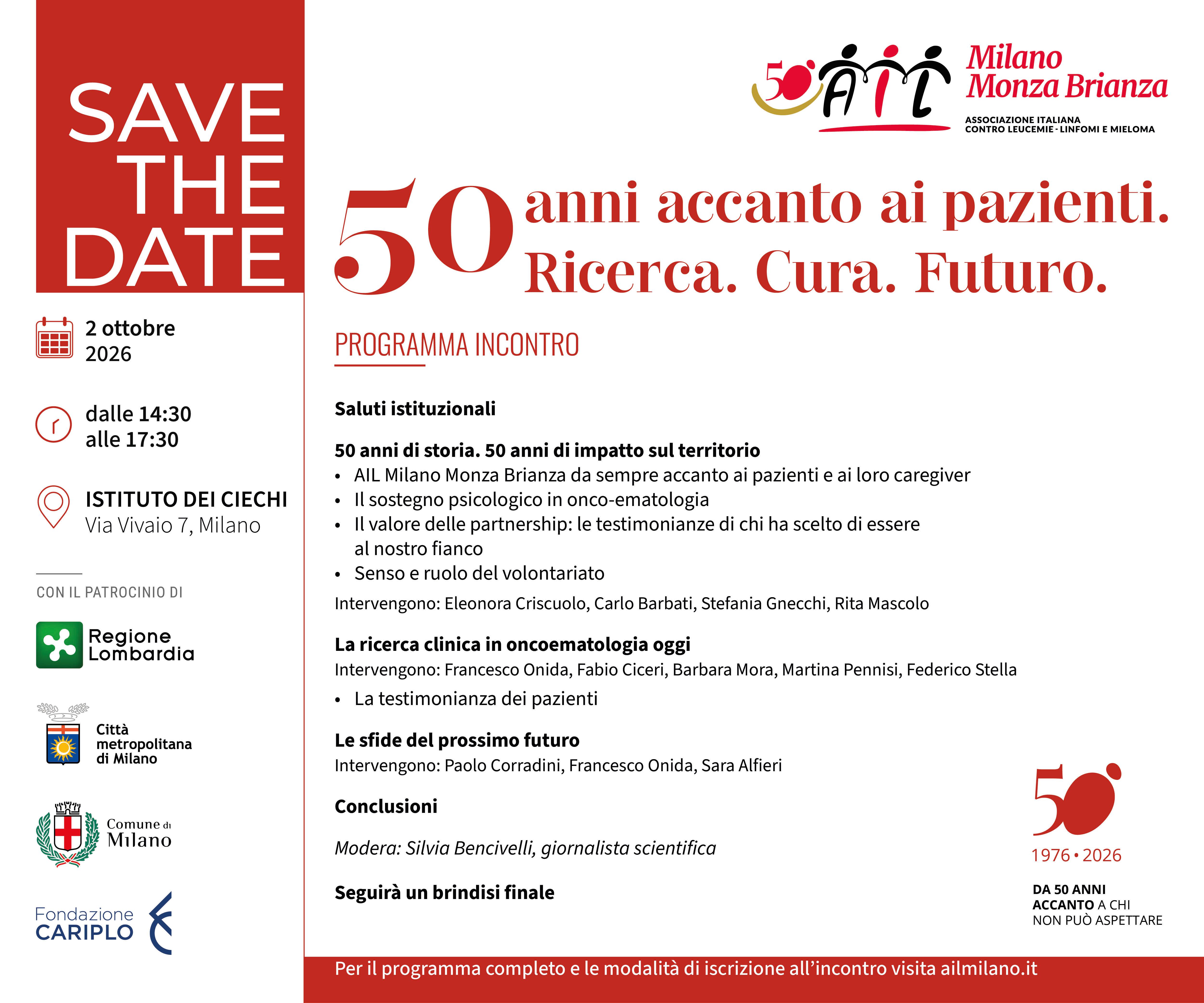 Tumori, Ail Milano Monza Brianza celebra 50 anni accanto ai pazienti oncoematologici