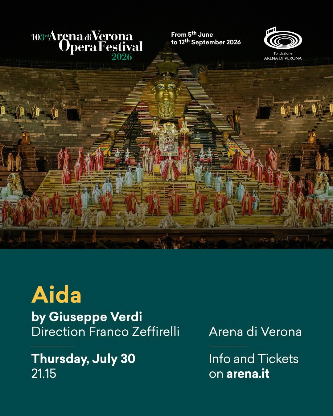 Dal 30 luglio Aida all'Arena di Verona è d'oro nella produzione di Zeffirelli