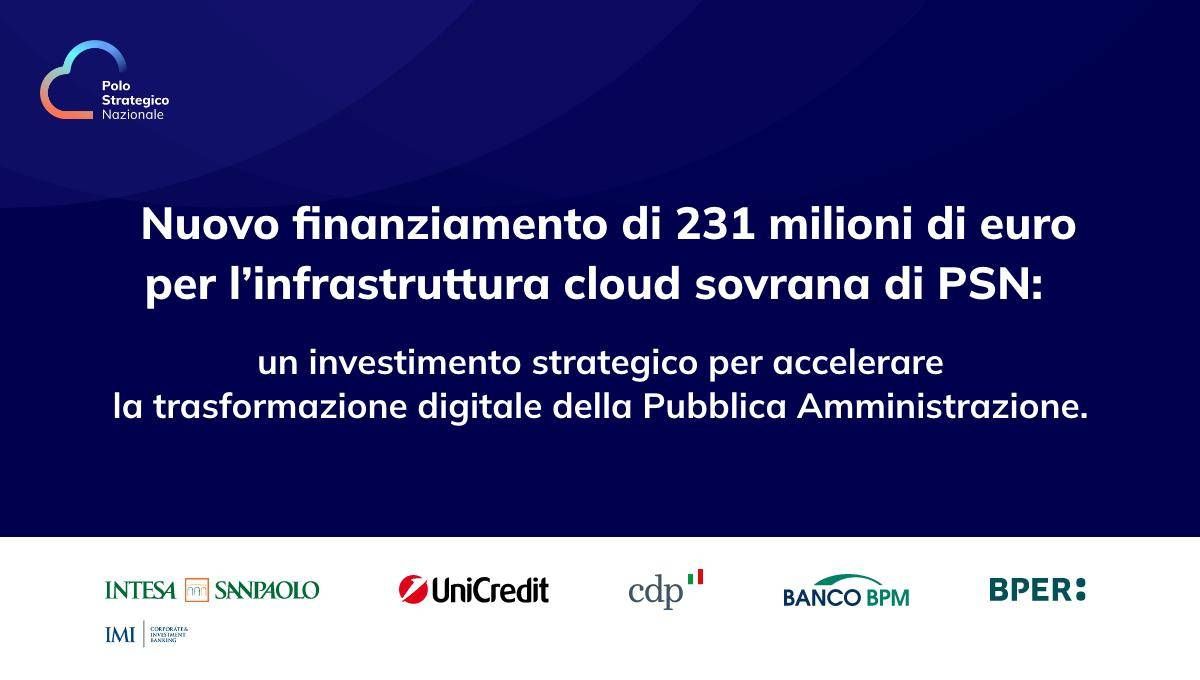 Polo strategico nazionale: 231 mln di euro da Intesa, Unicredit, Cdp, Bper e Banco Bpm