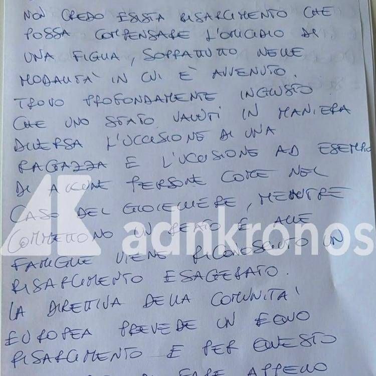 Uno stralcio della lettera di Barbara Mariottini - Adnkronos