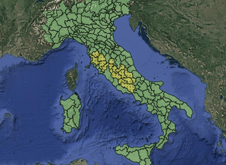 Mappa delle allerte meteo 12 agosto - (Dipartimento della Protezione civile)