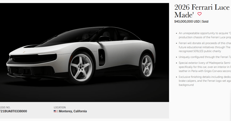 La scheda dell'asta della Ferrari Luce (sito Sotheby's)