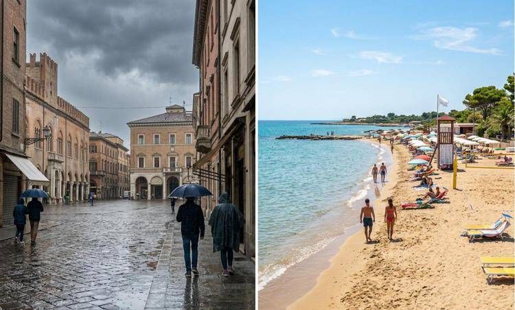 Città sotto la pioggia e spiaggia - (Immagine Ai)