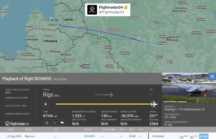 La rotta dell'aereo militare Usa fino a Mosca - Flightradar24 /X