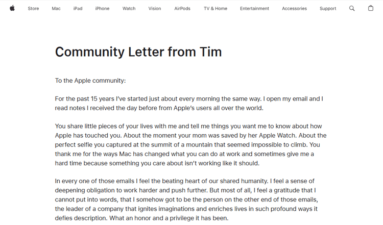 La lettera di addio di Tim Cook alla community Apple (da Apple.com)