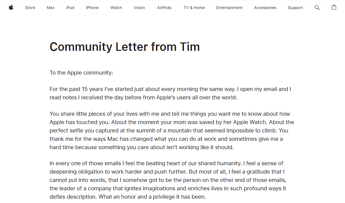 La lettera di addio di Tim Cook alla community Apple (da Apple.com)