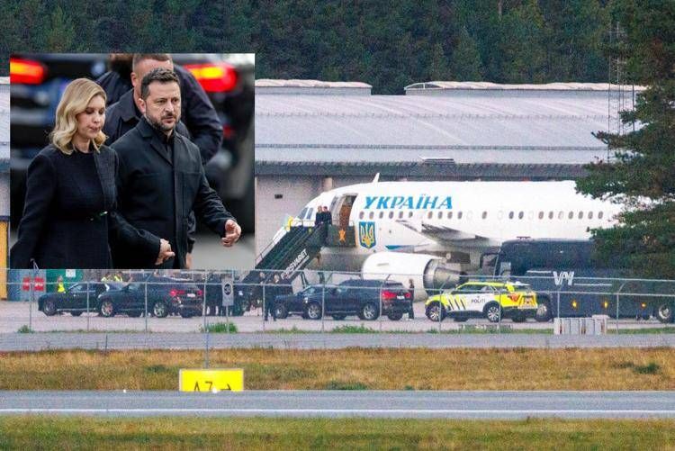 L'aereo del presidente ucraino a Oslo, nel riquadro Zelensky e la moglie atterrati in Norvegia - Afp