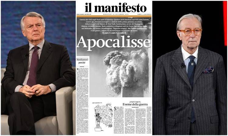 Da sinistra Ferruccio De Bortoli, la prima pagina del Manifesto e Vittorio Feltri - (Ipa)