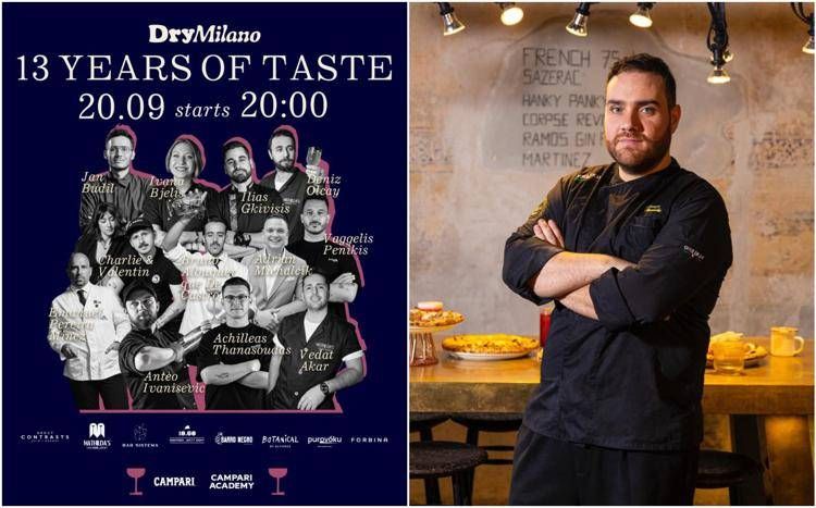 La locandina della prima serata di festeggiamenti del DryMilano e, a destra, Lorenzo Sirabella, chef e manager del locale di via Solferino