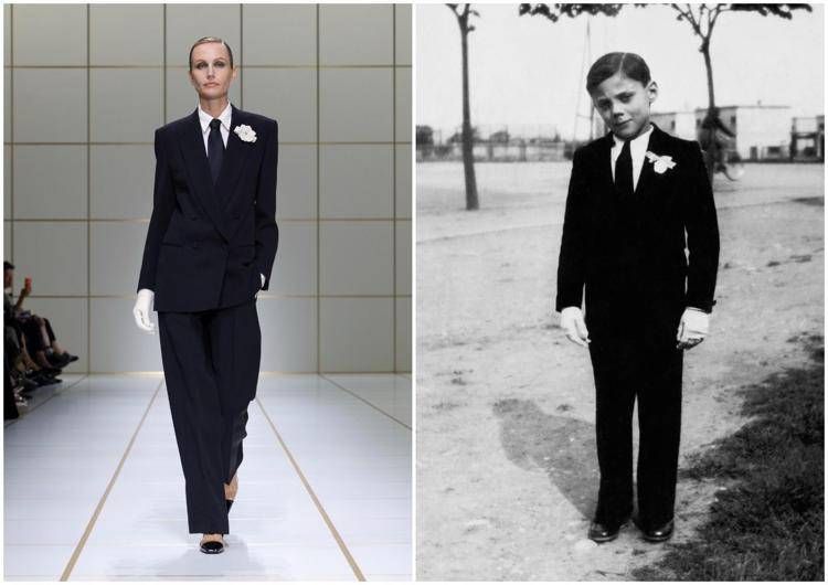 Agnese con indosso un look della primavera-estate 2027 di Giorgio Armani e, a destra, il signor Armani con l'abito della prima comunione