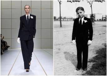 Agnese con indosso un look della primavera-estate 2027 di Giorgio Armani e, a destra, il signor Armani con l'abito della prima comunione