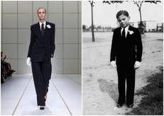 Agnese con indosso un look della primavera-estate 2027 di Giorgio Armani e, a destra, il signor Armani con l'abito della prima comunione
