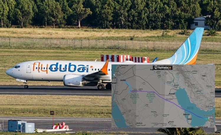 Un aereo Flydubai e il tragitto del volo da cui è stato lanciato l'allarme - Ipa /Flightradar24