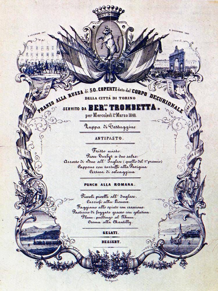Academia Barilla - menu del 1° marzo 1848 per il pranzo alla russa offerto dal Corpo Decurionale della Città di Torino in occasione delle celebrazioni dello Statuto Albertino - (Ufficio stampa)